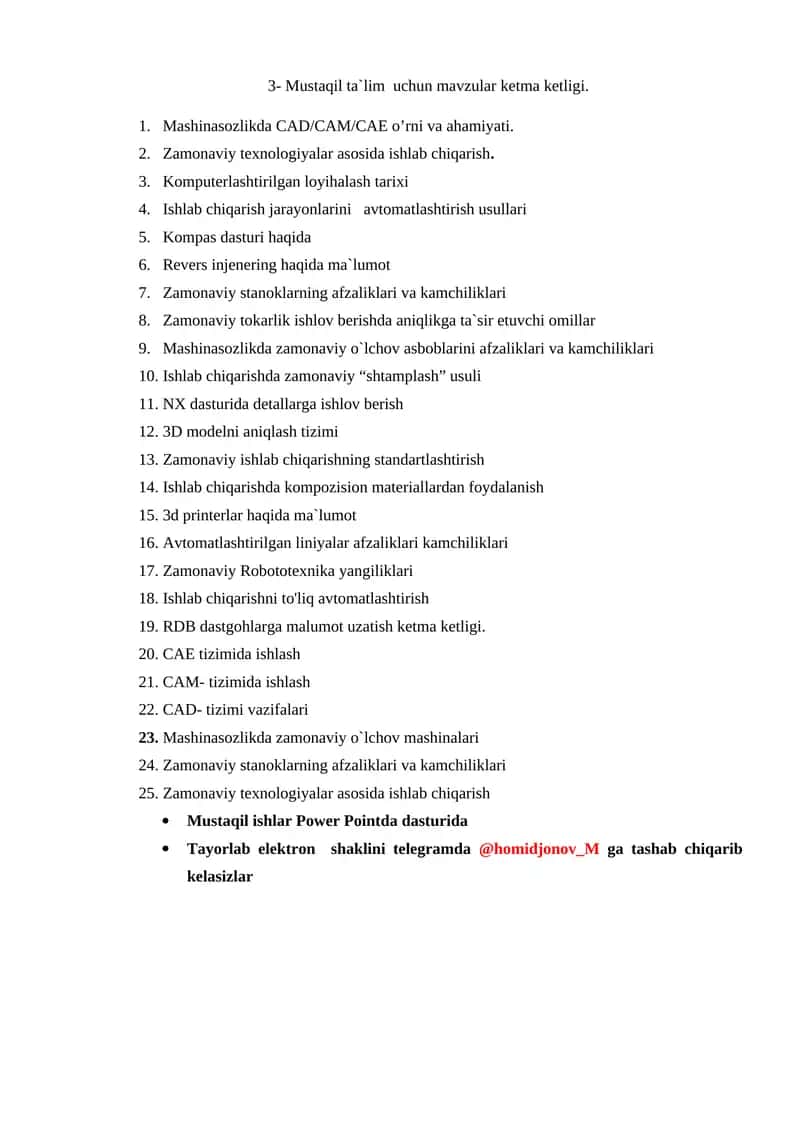 Mustaqil ta`lim uchun mavzular ketma ketligi 1
