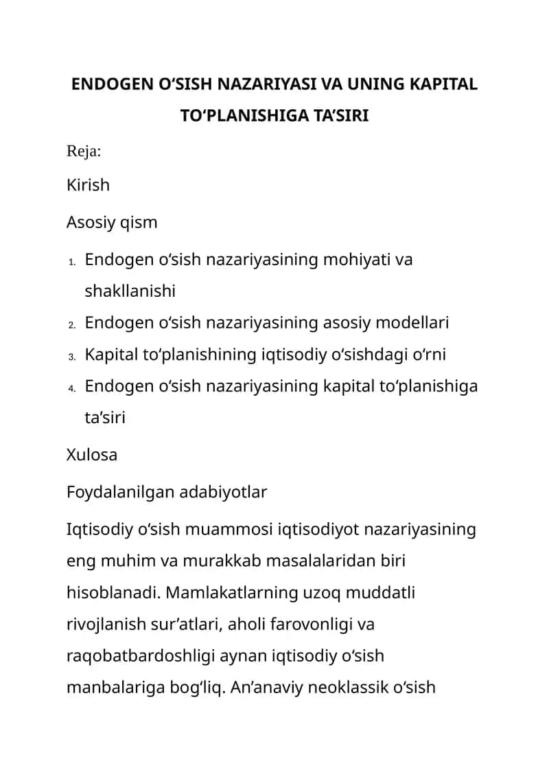 Endogen O‘SISH NAZARIYASI VA UNING KAPITAL TO‘PLANISHIGA TA’SIRI 1