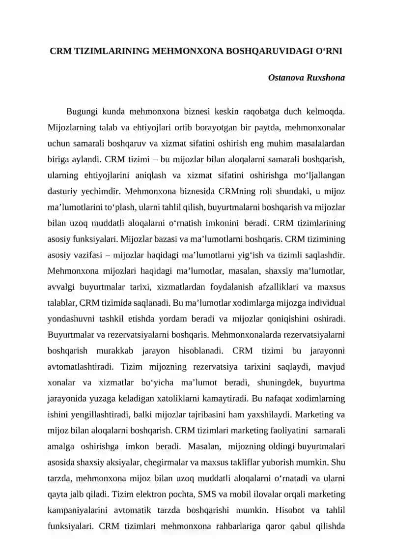 CRM TIZIMLARINING MEHMONXONA BOSHQARUVIDAGI OʻRNI