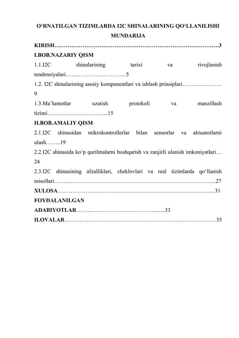 O‘RNATILGAN TIZIMLARDA I2C SHINALARINING QO‘LLANILISHI 1