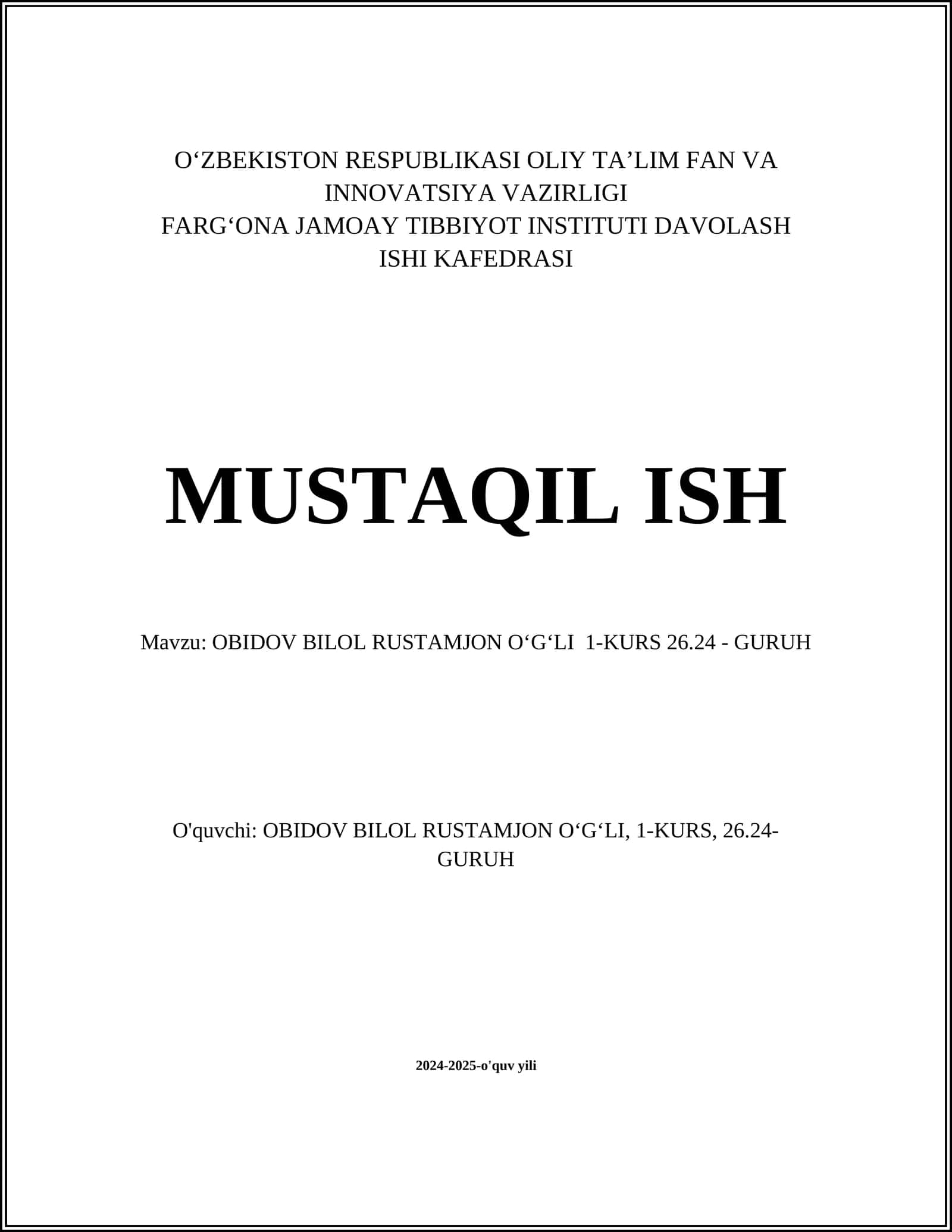 OBIDOV BILOL RUSTAMJON O‘G‘LI 1-KURS 26.24 - GURUH 1