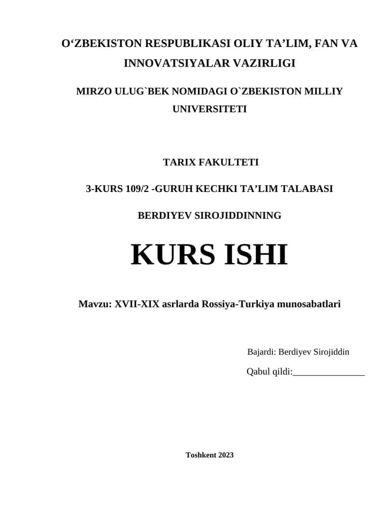 XVII-XIX asrlarda Rossiya-Turkiya munosabatlari 1
