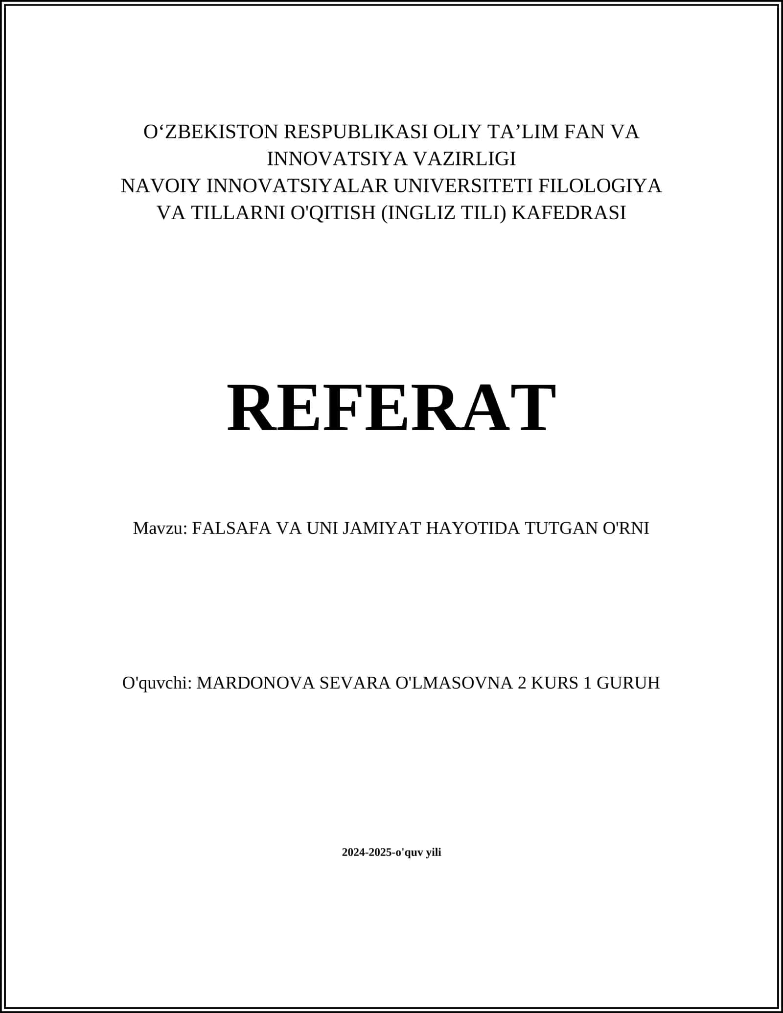 FALSAFA VA UNI JAMIYATIDA TUTGAN O'RNI 1