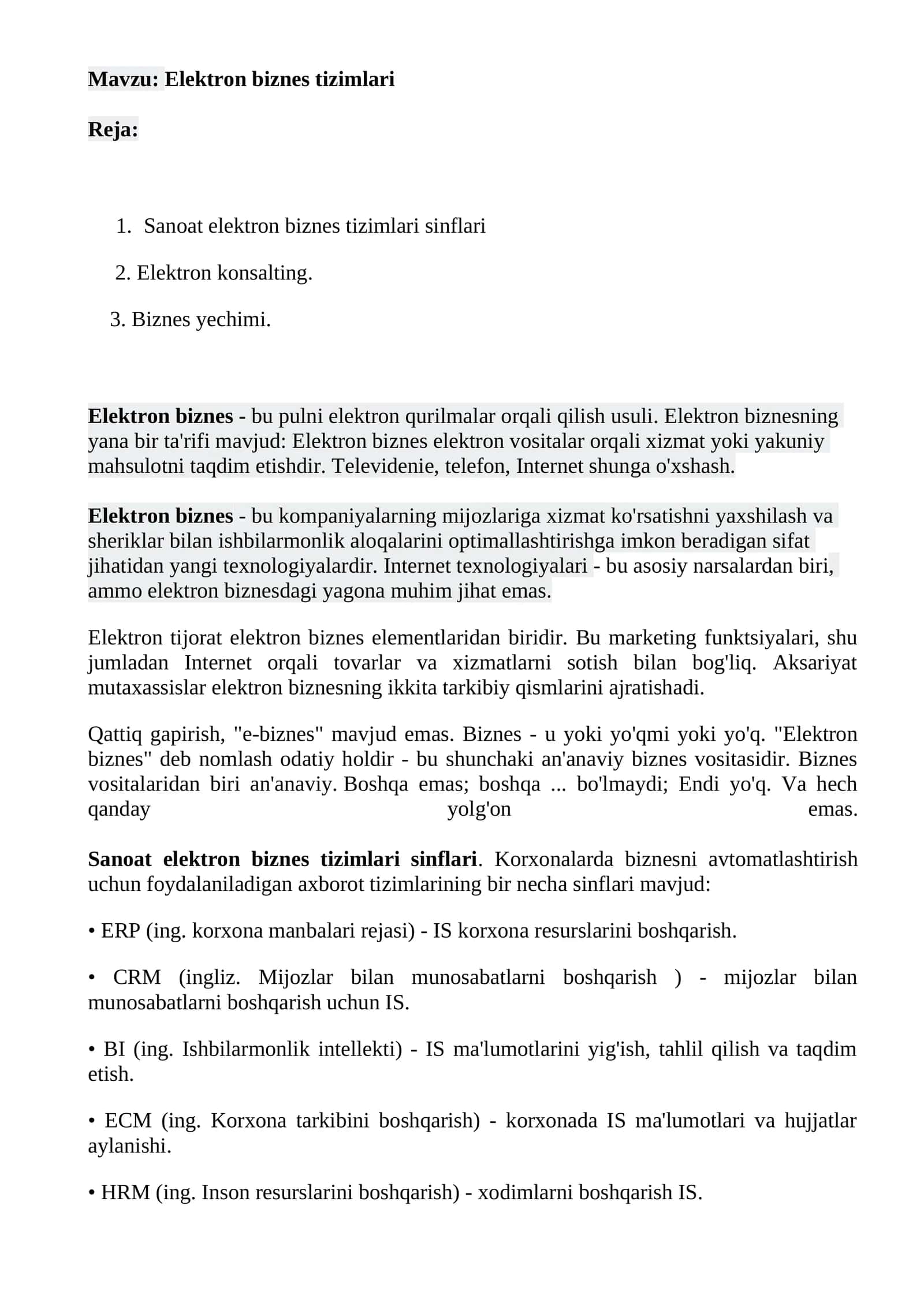 Elektron biznes tizimlari 1