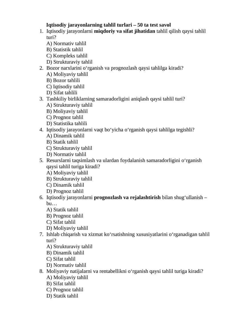 Iqtisodiy jarayonlarning tahlil turlari – 50 ta test savol 1