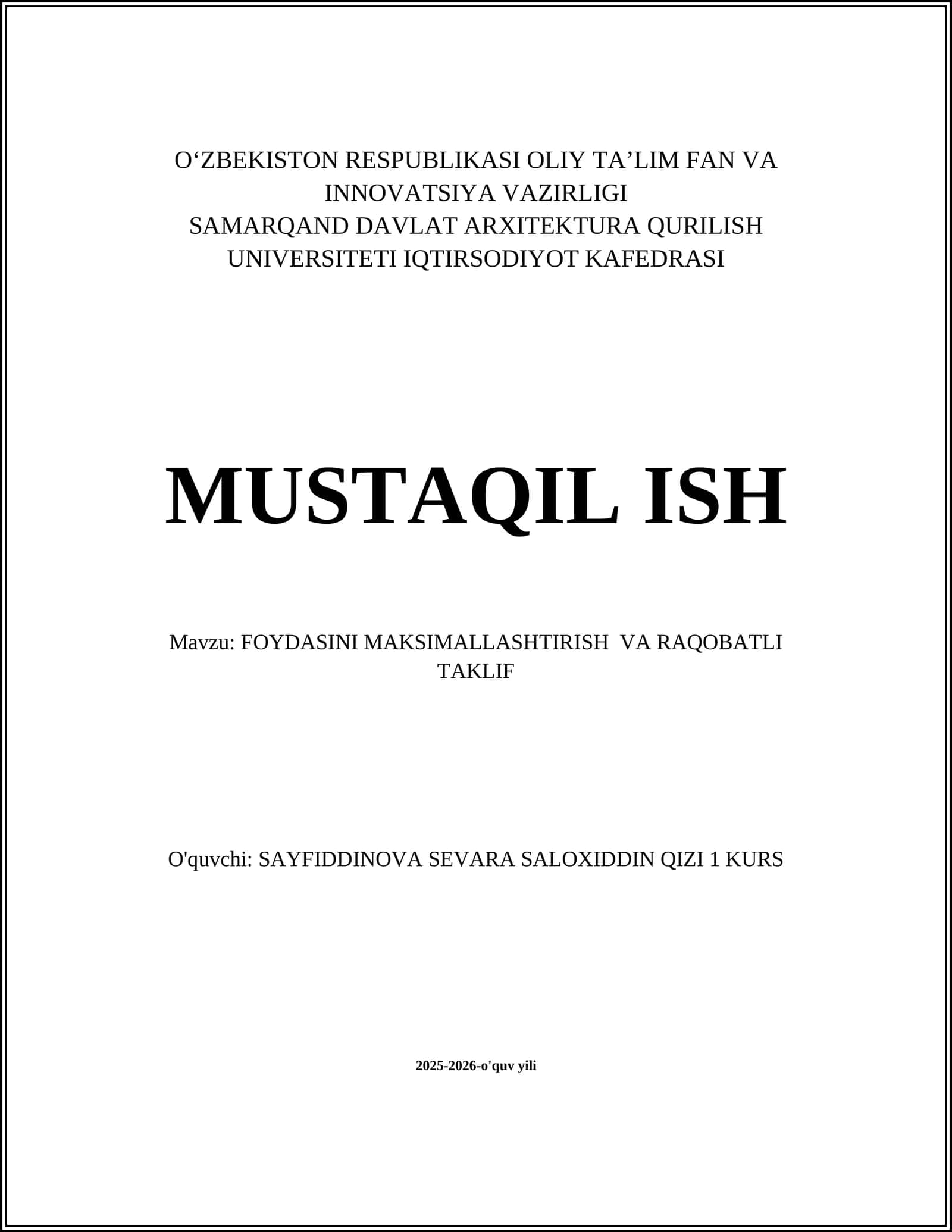 FOYDASINI MAKSIMALLASHTIRISH VA RAQOBATLI TAKLIF 1