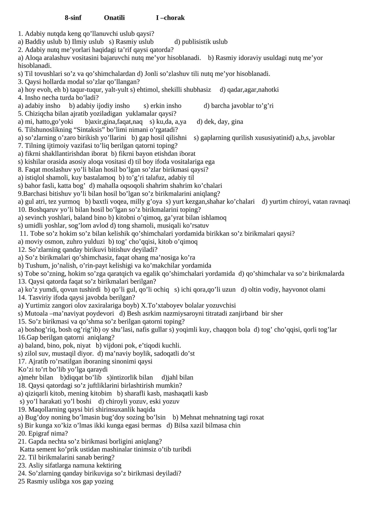 8-sinf Onatili I –chorak 1