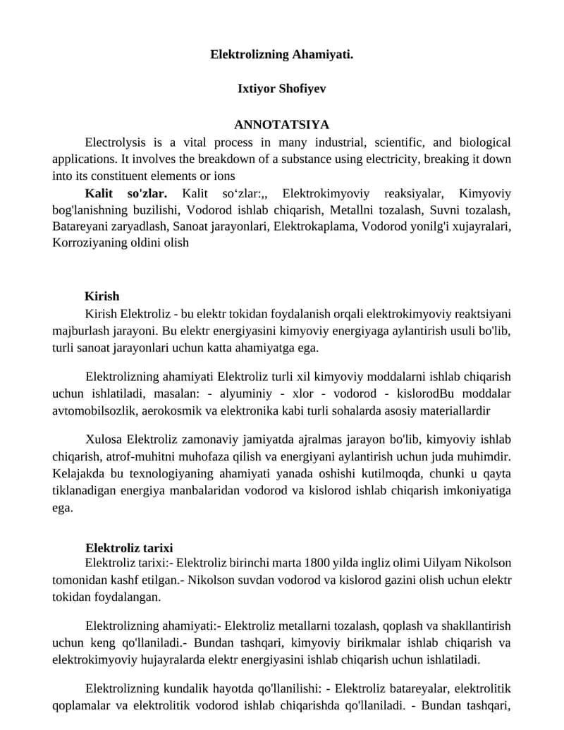 Elektrolizning Ahamiyati 1