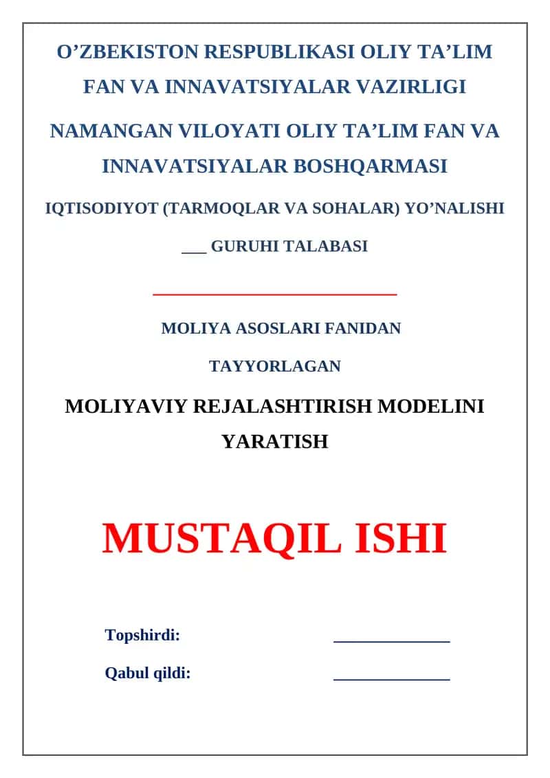 Moliyaviy rejalashtirish modelini yaratish 1