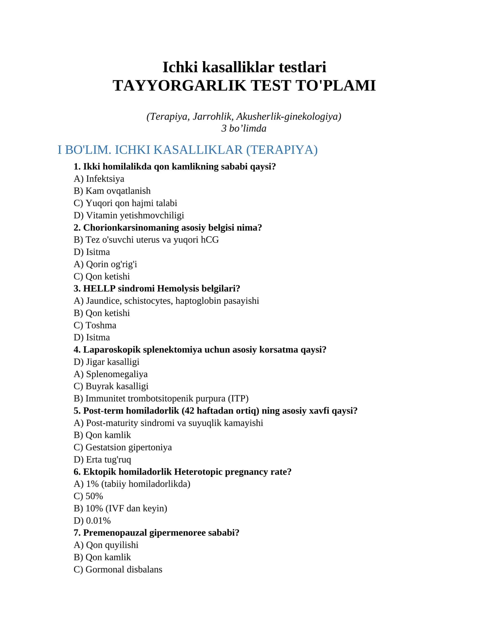 Ichki kasalliklar testlari 1