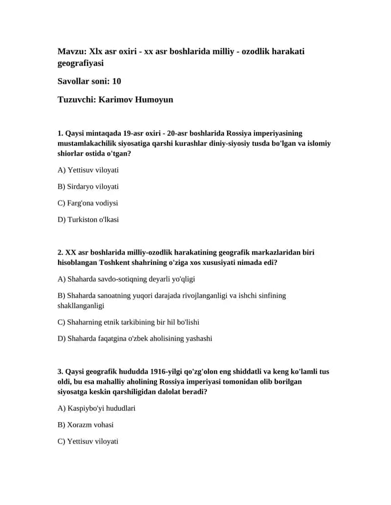 Xlx asr oxiri - xx asr boshlarida milliy - ozodlik harakati geografiyasi 1