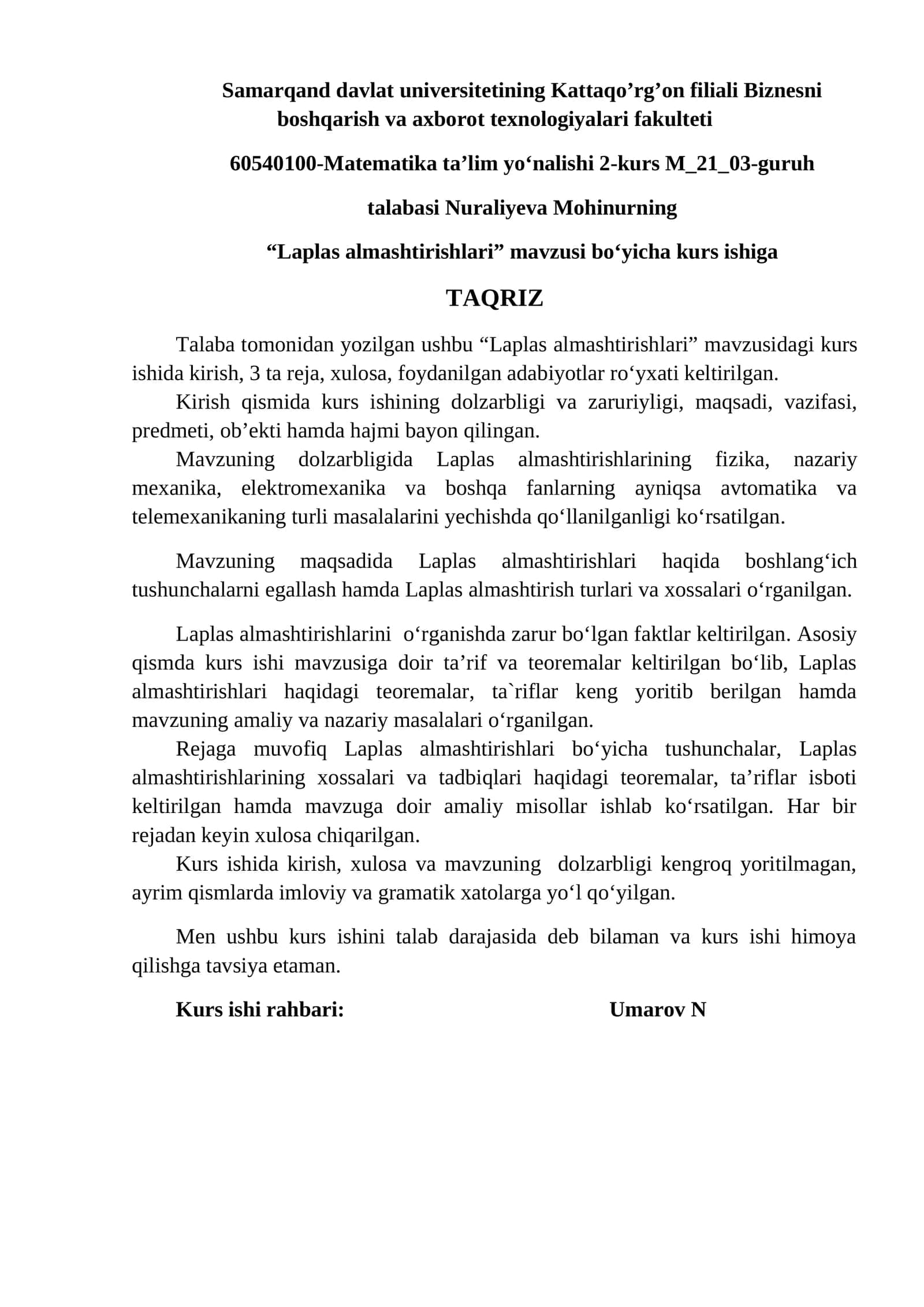 Laplas Almashtirishlari Kurs Ishi 1