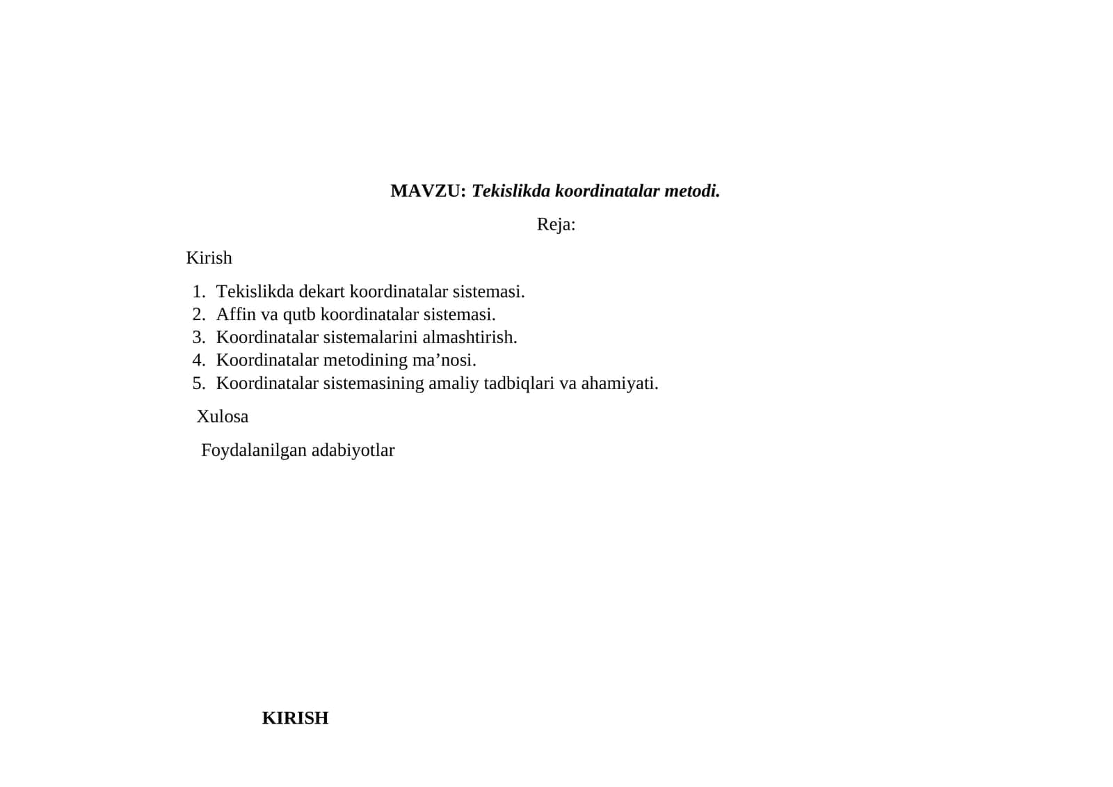 Tekislikda koordinatalar metodi 1
