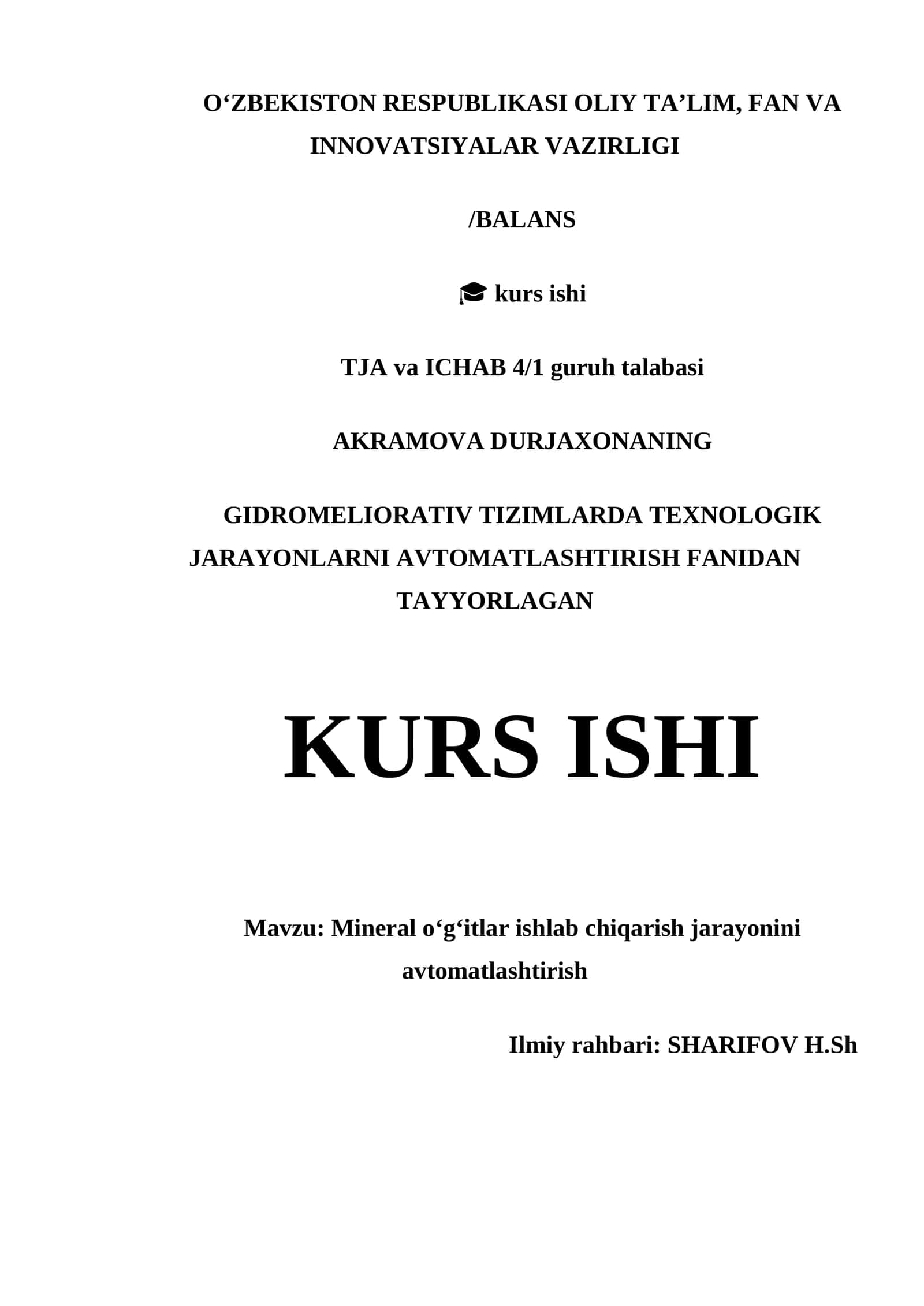 Mineral oʻgʻitlar ishlab chiqarish jarayonini avtomatlashtirish kurs ishi 1