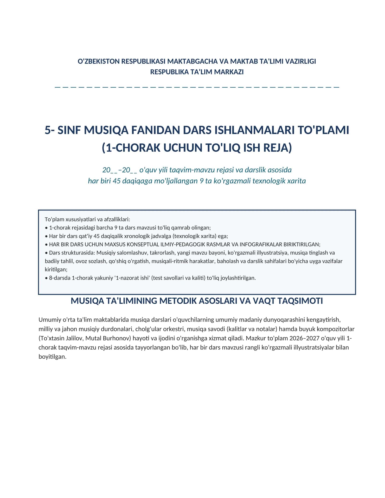 5-sinf Musiqa fanidan 1-chorak Dars ishlanmalari to'plami 1