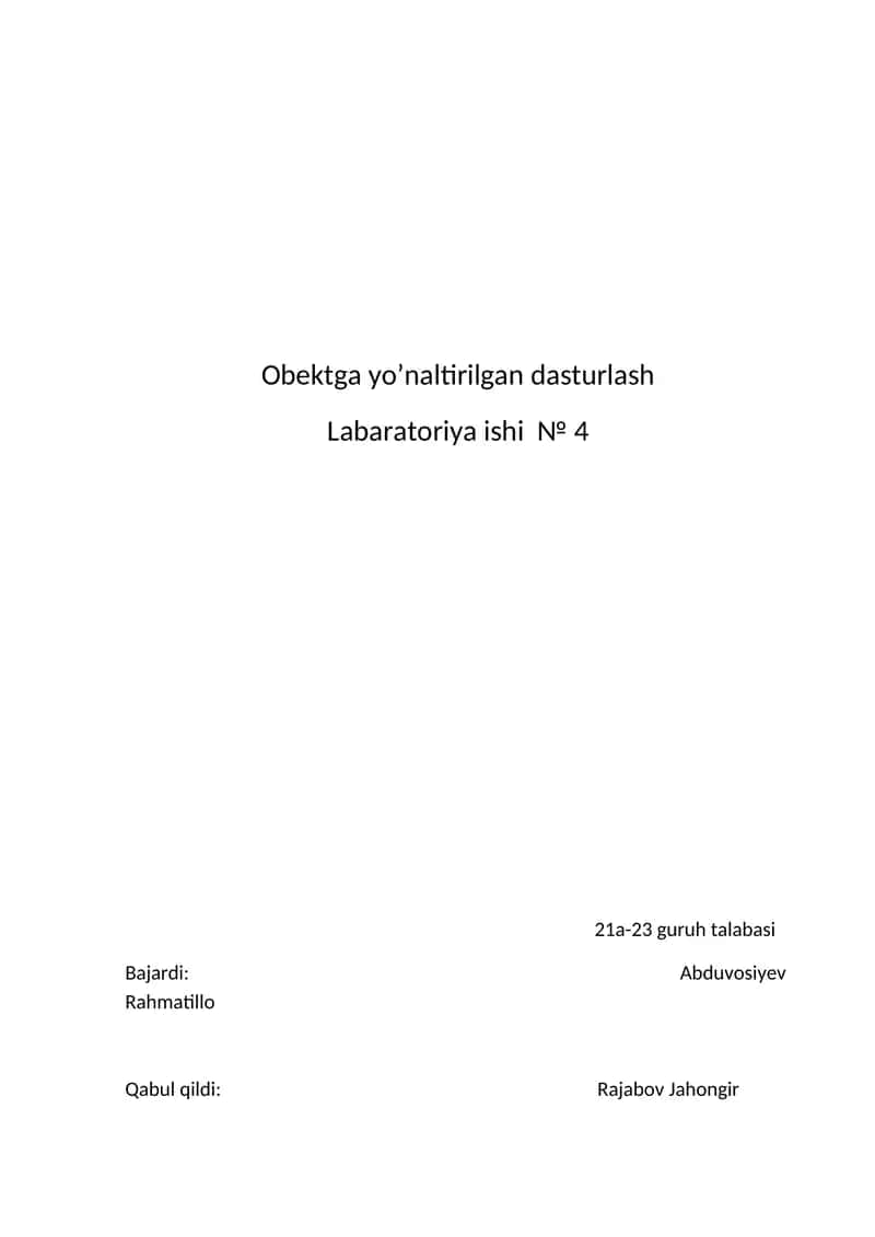 Obektga yo’naltirilgan dasturlash 1
