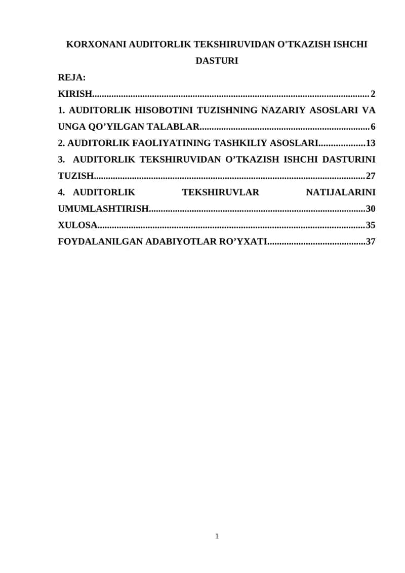 Auditorlik tekshiruvidan o'tkazish ishchi dasturi 1