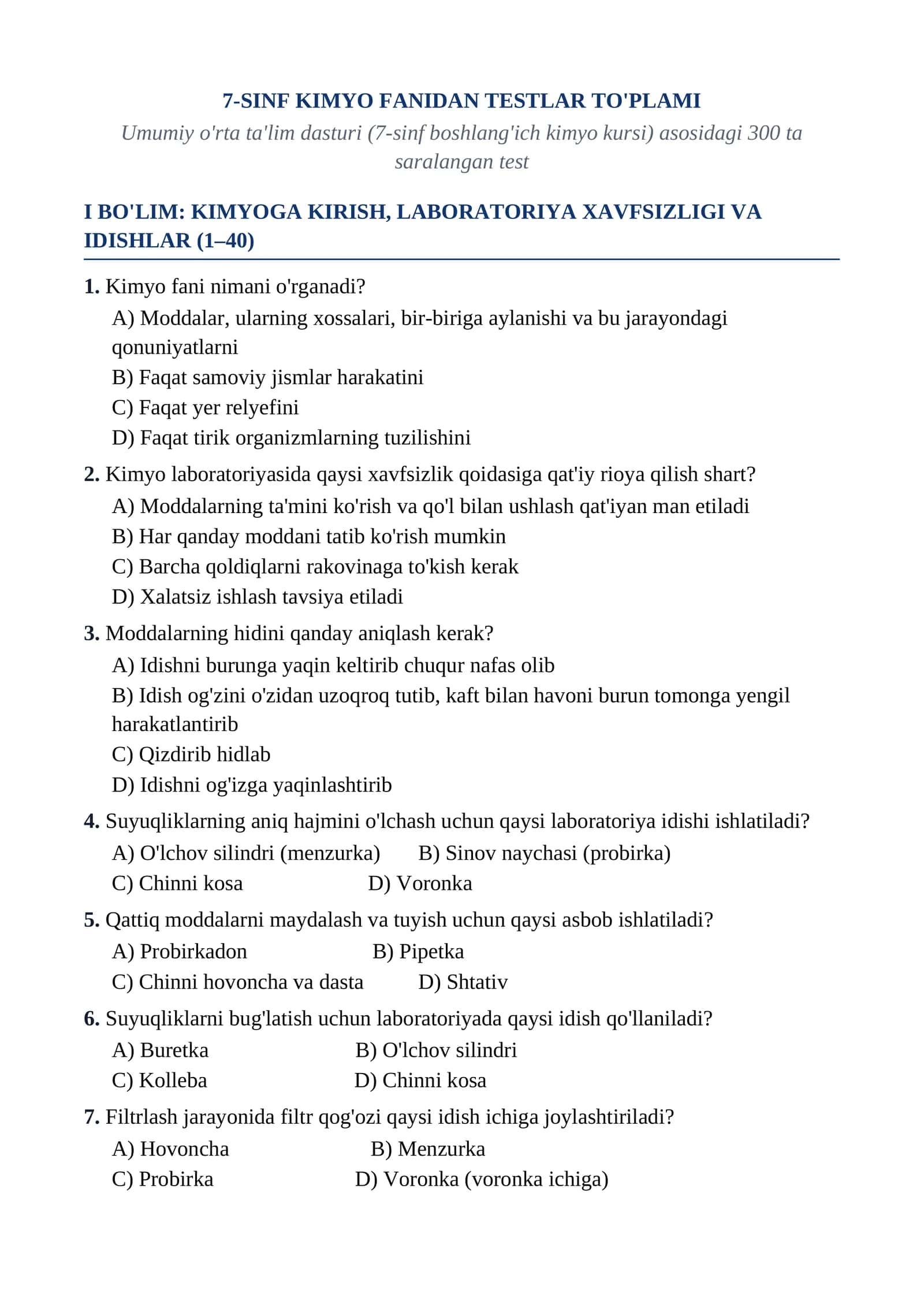 7-SINF KIMYO FANIDAN TESTLAR TO'PLAMI 1