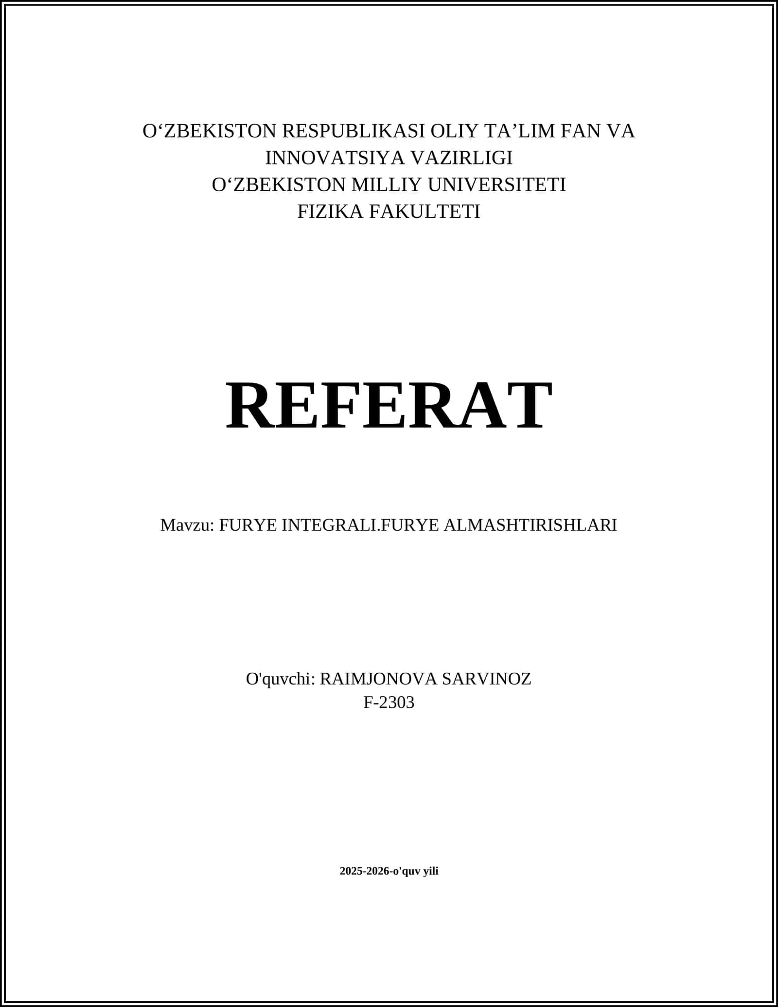 FURYE INTEGRALI.FURYE ALMASHTIRISHLARI 1