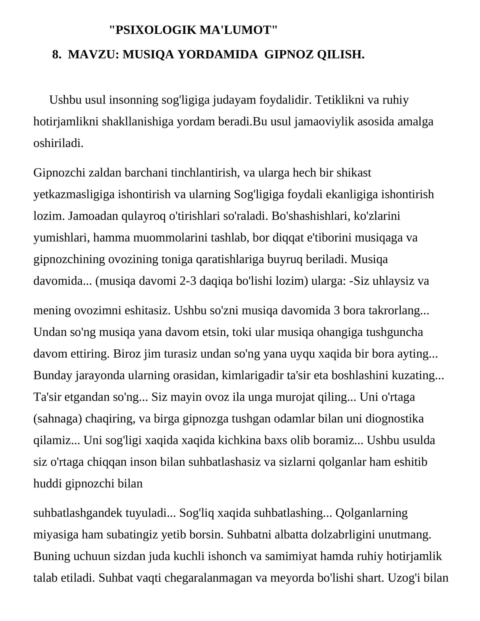 MUSIQA YORDAMIDA GIPNOZ QILISH 1