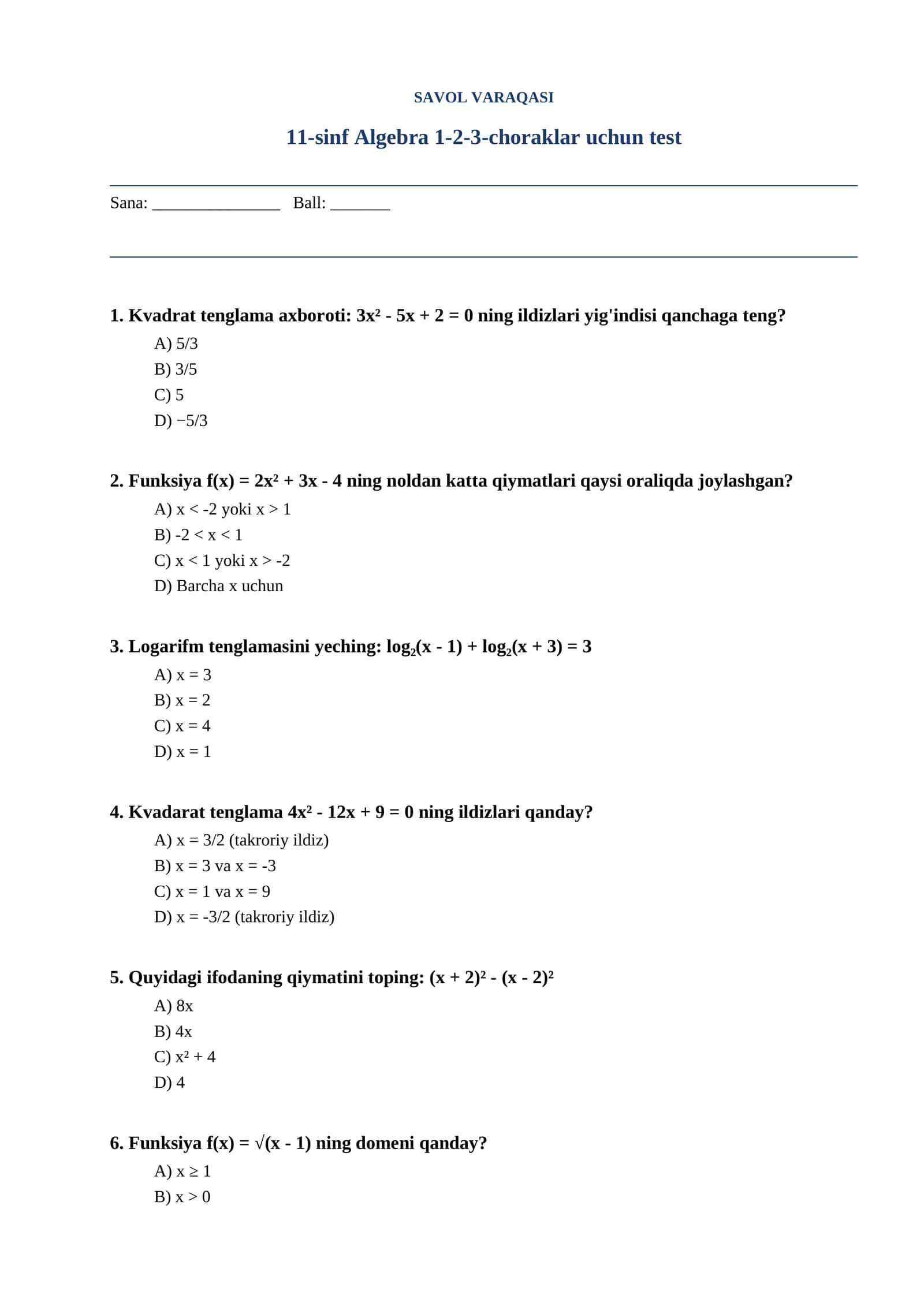 11-sinf Algebra 1-2-3-choraklar uchun test 1