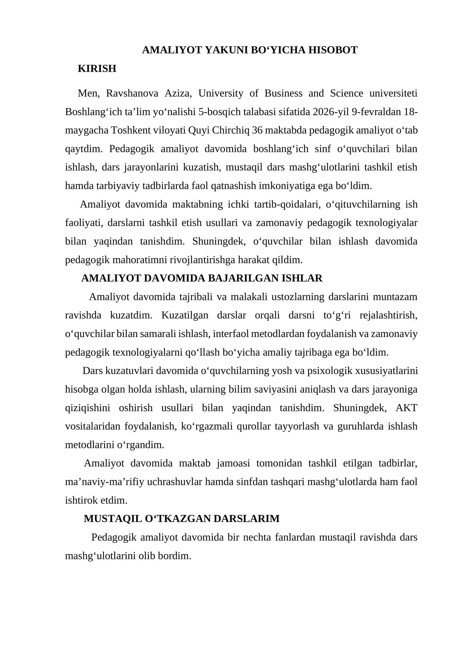 AMALIYOT YAKUNI BO‘YICHA HISOBOT 1