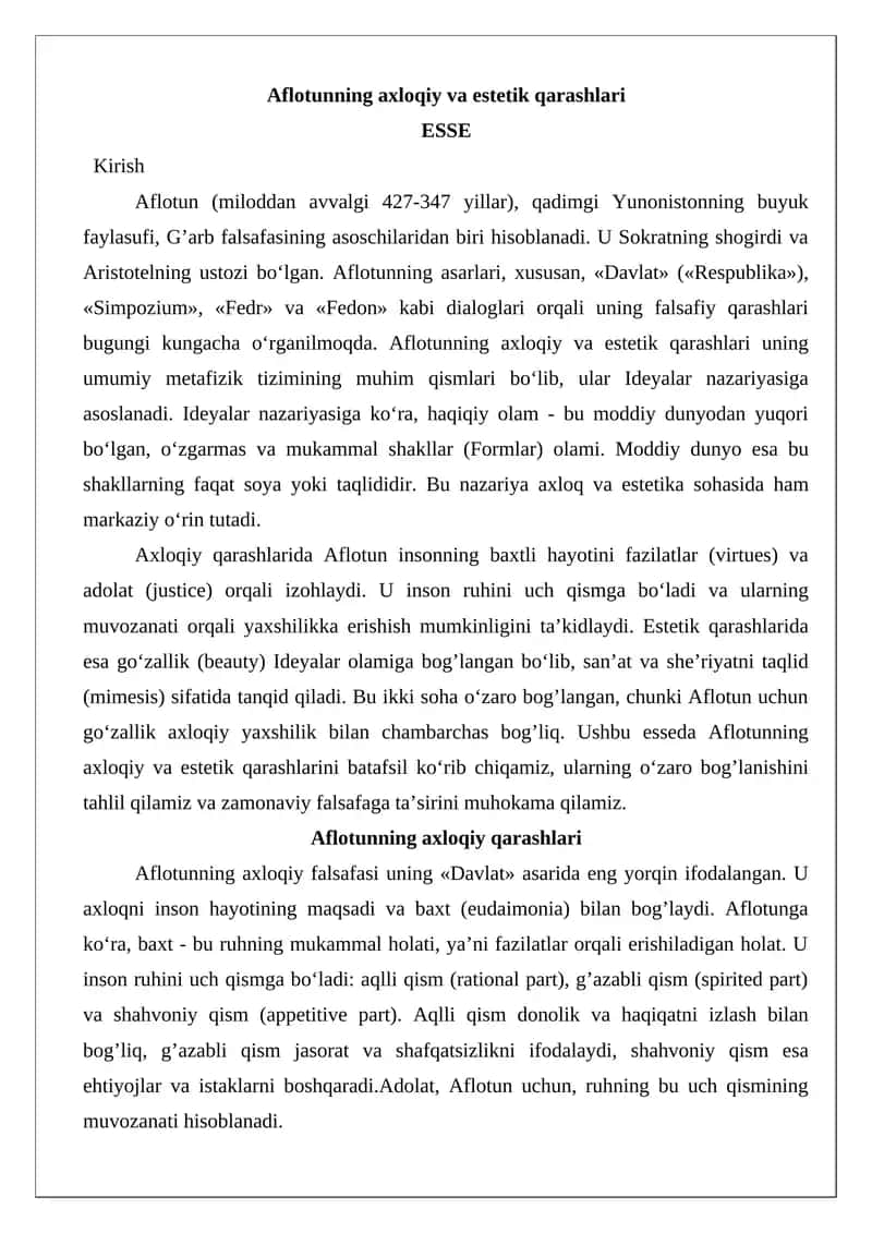 Aflotunning axloqiy va estetik qarashlari 1
