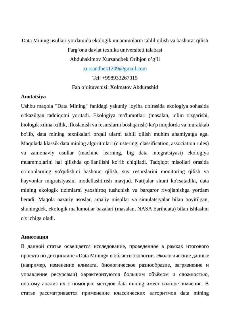 Data Mining usullari yordamida ekologik muammolarni tahlil qilish va bashorat qilish 1