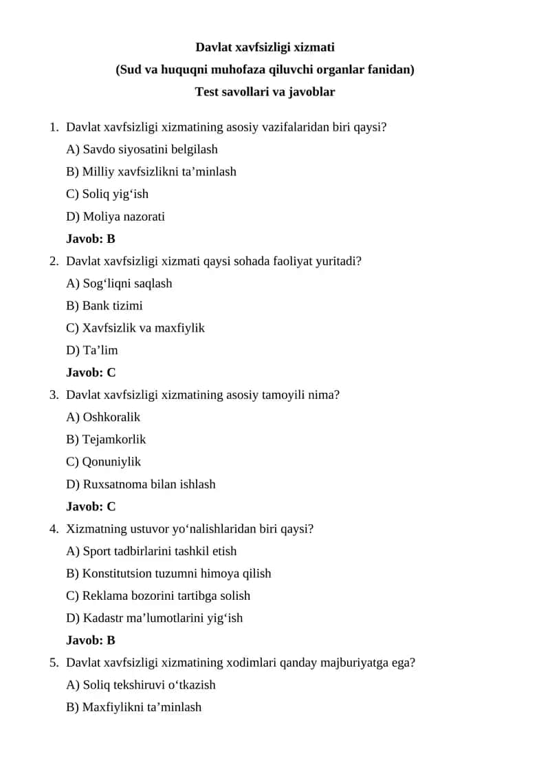 Davlat xavfsizligi xizmati Test savollari va javoblar 1