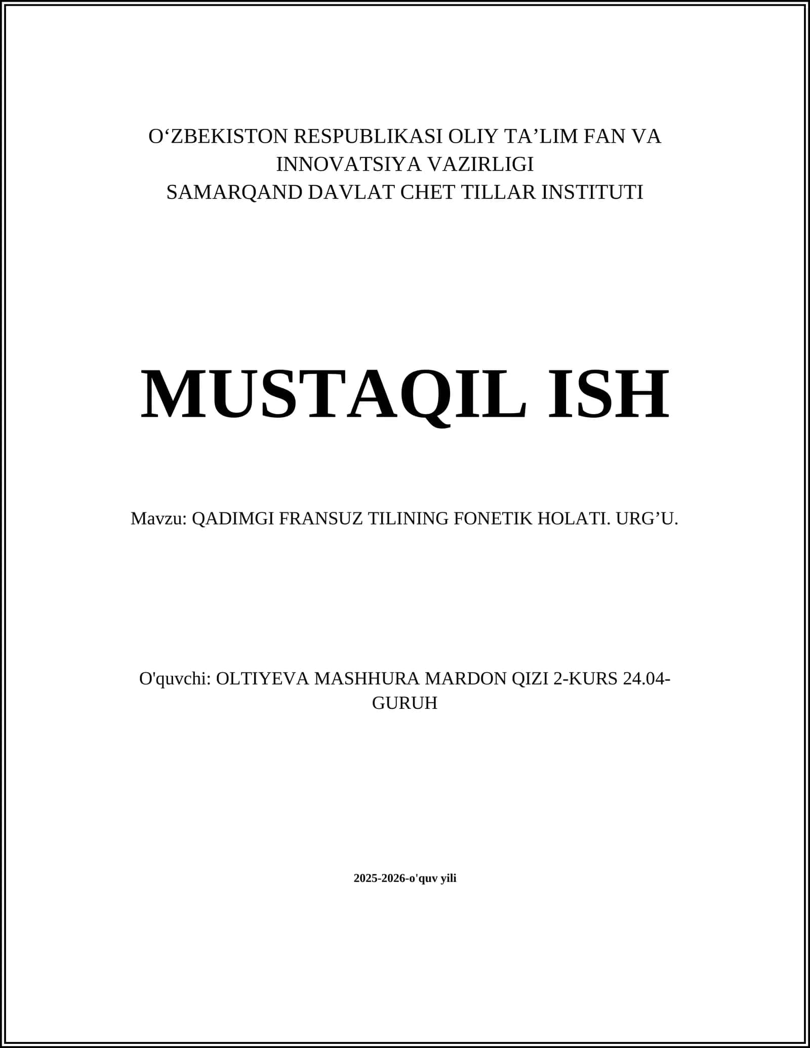 QADIMGI FRANSUZ TILINING FONETIK HOLATI. URG’U 1