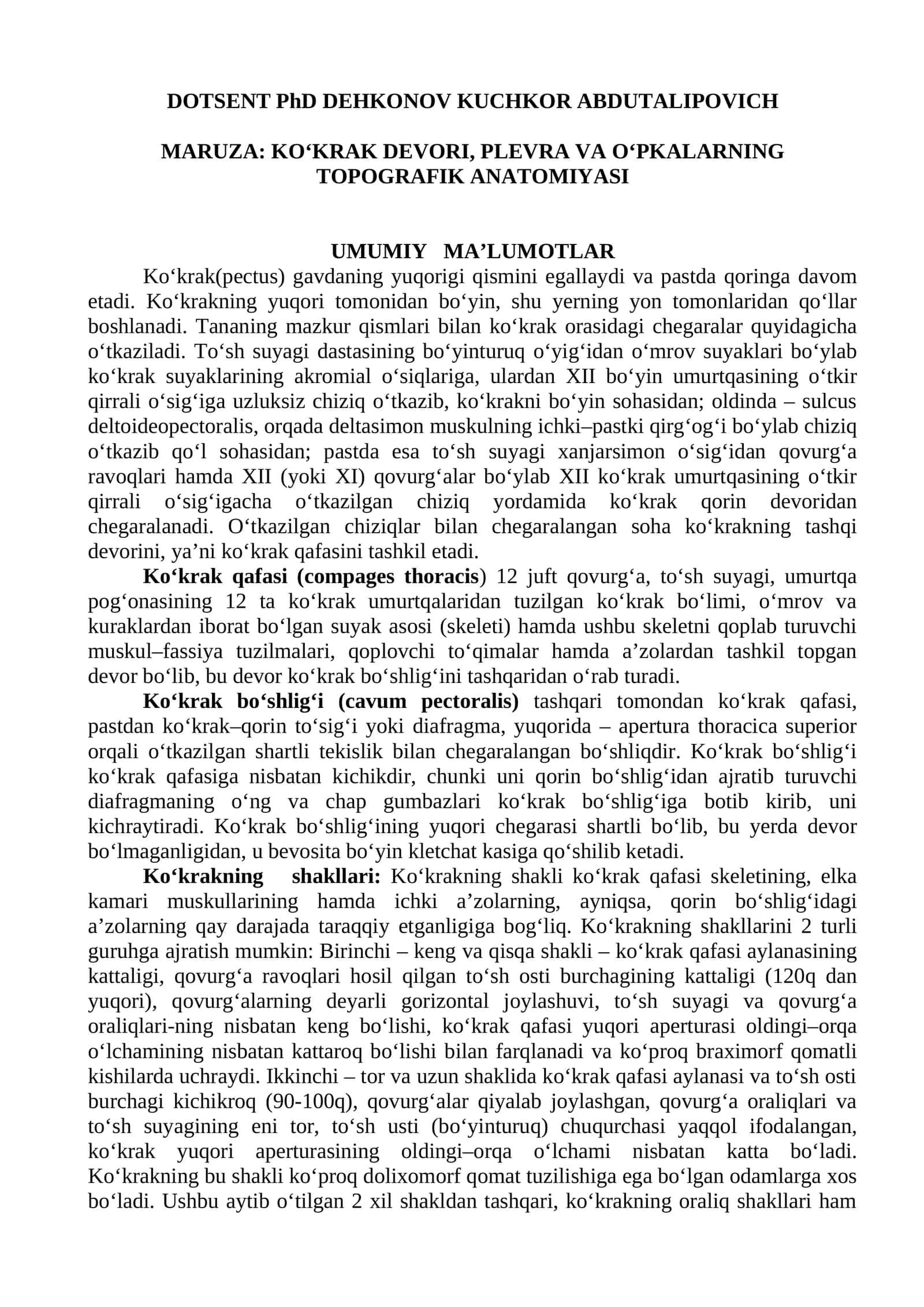 KO‘KRAK DEVORI, PLEVRA VA O‘PKALARNING TOPOGRAFIK ANATOMIYASI 1