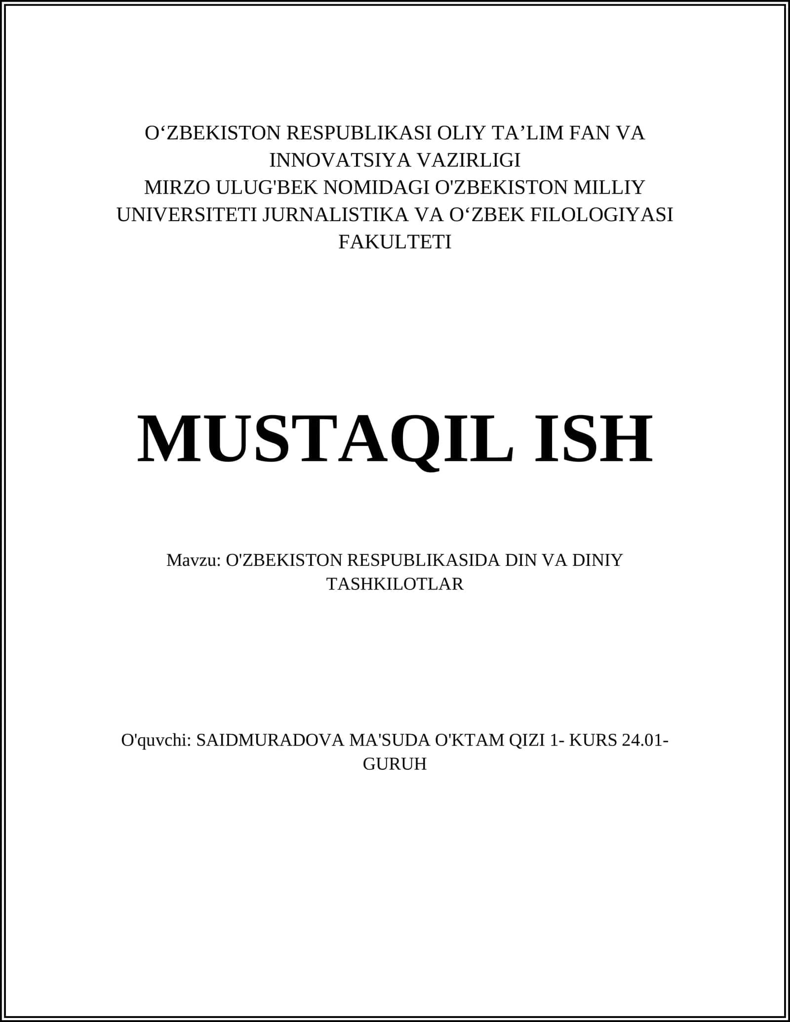 O'ZBEKISTON RESPUBLIKASIDA DIN VA DINIY TASHKILOTLAR 1