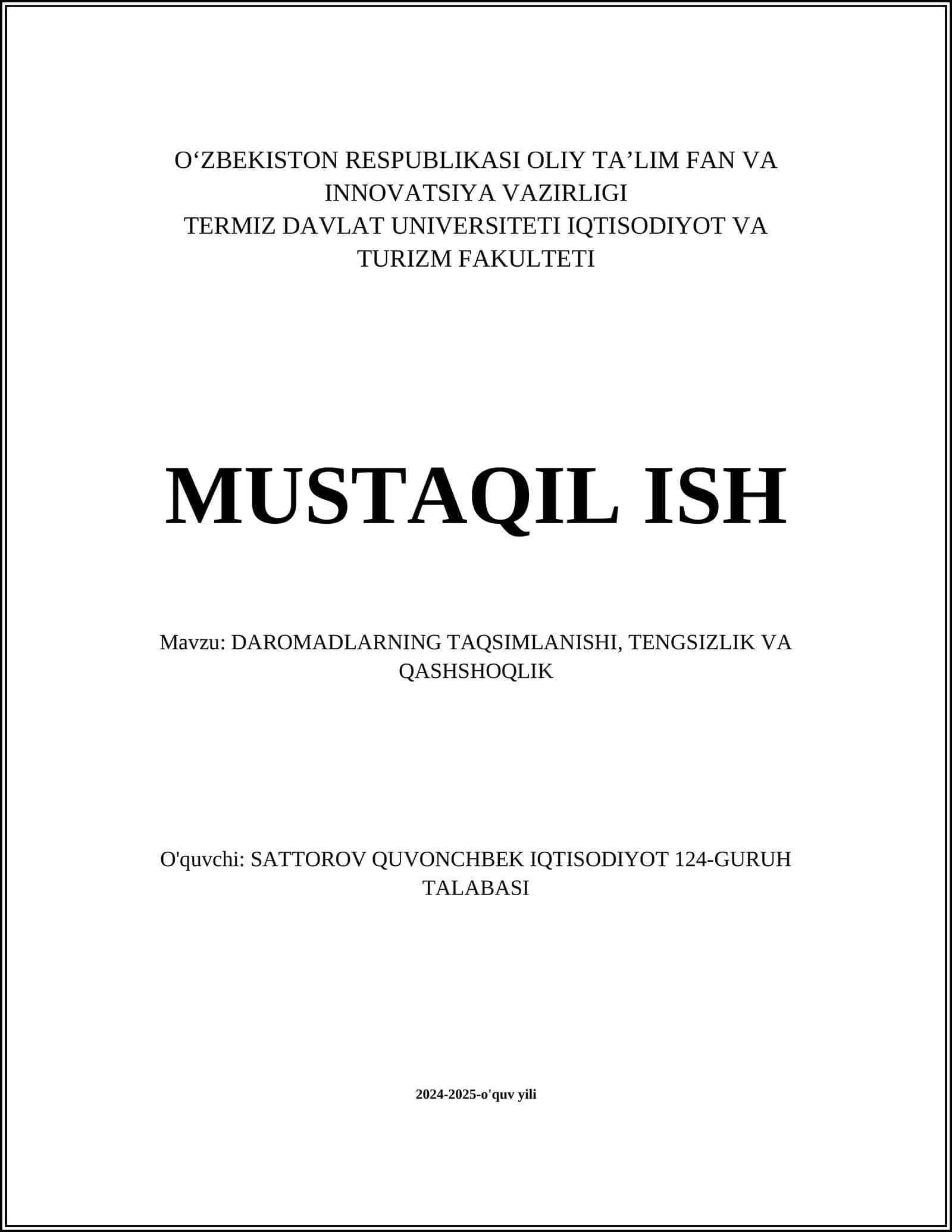 DAROMADLARNING TAQSIMLANISHI, TENGSIZLIK VA QASHSHOQLIK 1
