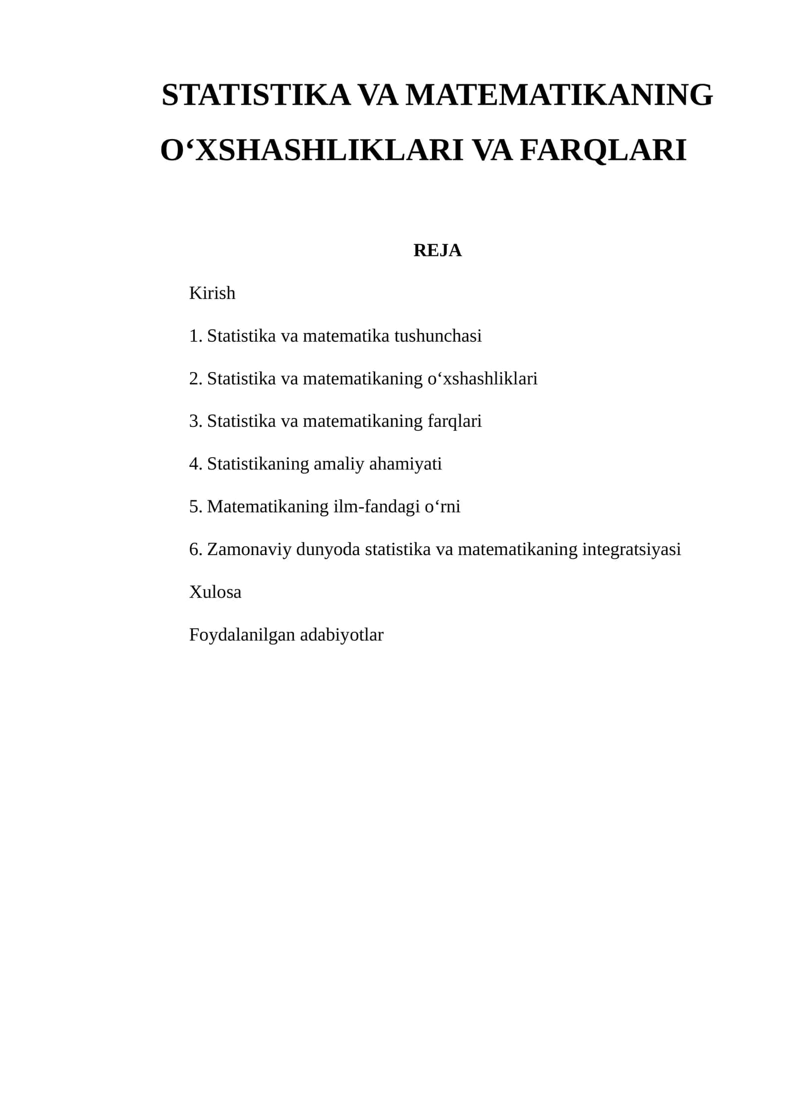 STATISTIKA VA MATEMATIKANING O‘XSHASHLIKLARI VA FARQLARI 1