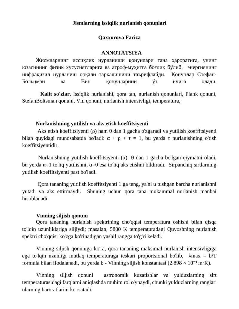 Jismlarning issiqlik nurlanish qonunlari 1