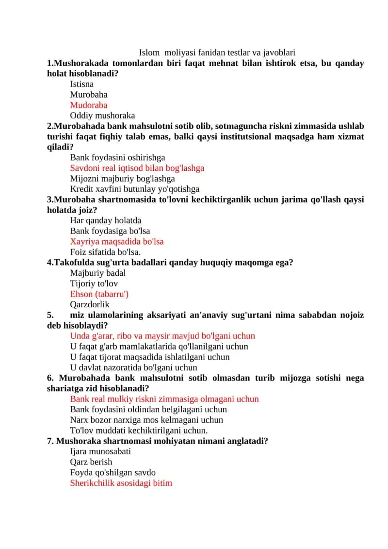 Islom moliyasi fanidan testlar va javoblari 1