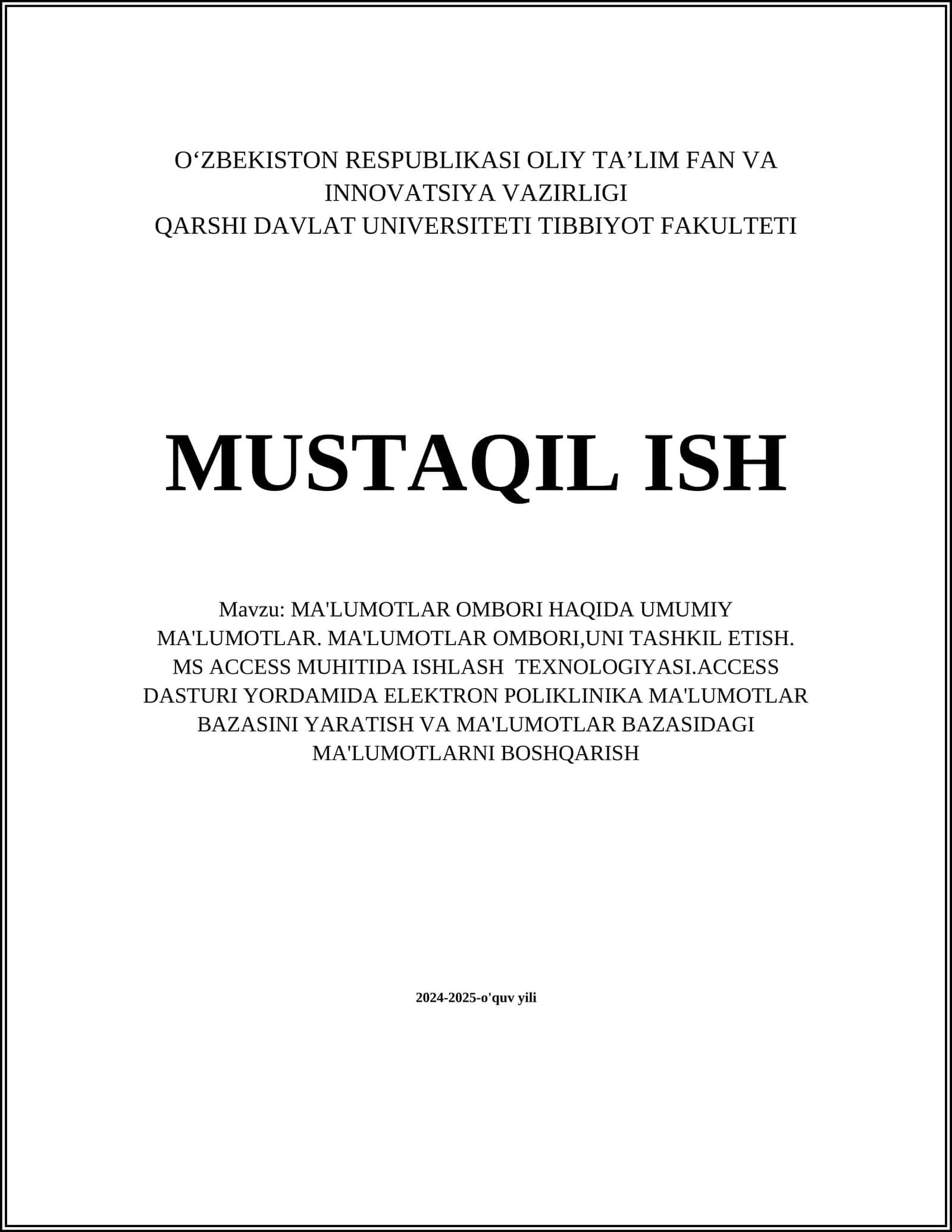 MA'LUMOTLAR OMBORI HAQIDA UMUMIY MA'LUMOTLAR 1