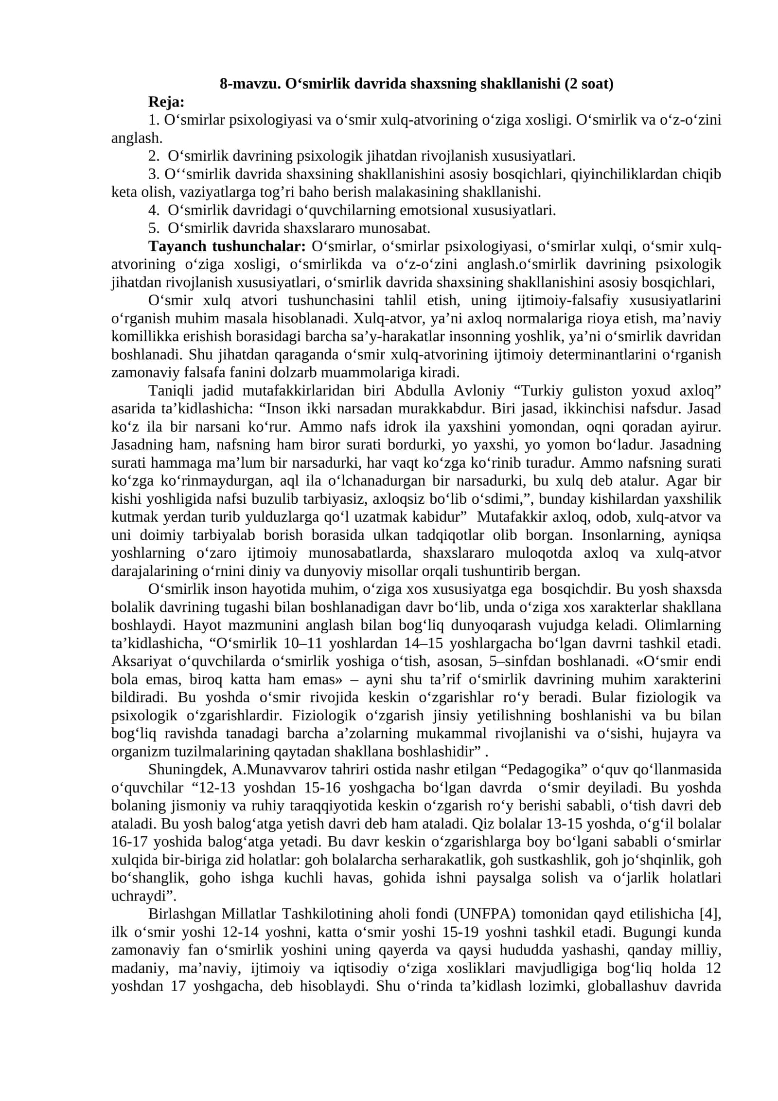 8-mavzu. O‘smirlik davrida shaxsning shakllanishi 1
