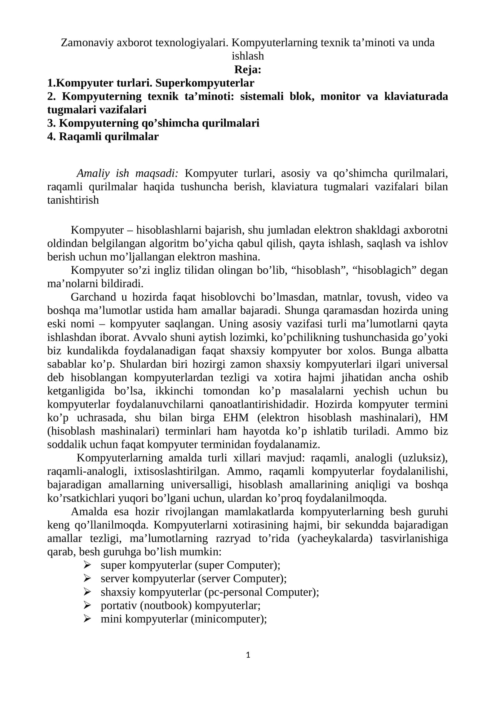 Zamonaviy axborot texnologiyalari. Kompyuterlarning texnik ta’minoti va unda ishlash 1
