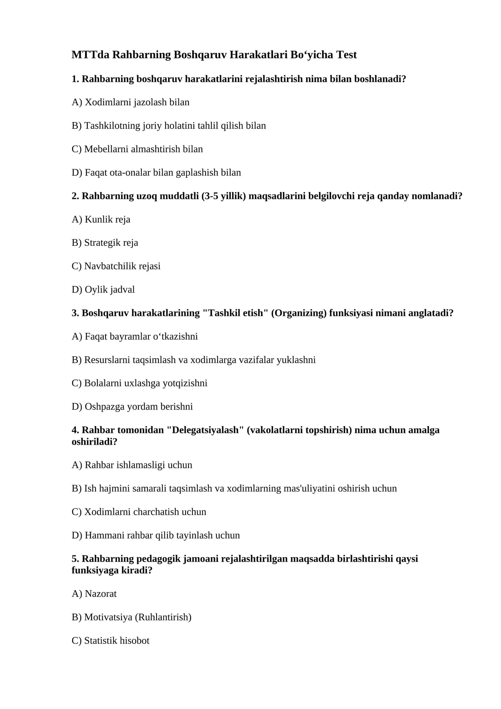 MTTda Rahbarning Boshqaruv Harakatlari Bo‘yicha Test 1