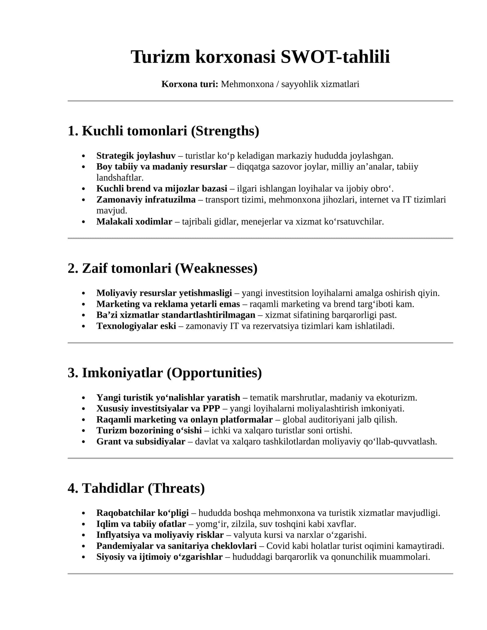 Turizm korxonasi SWOT-tahlili 1