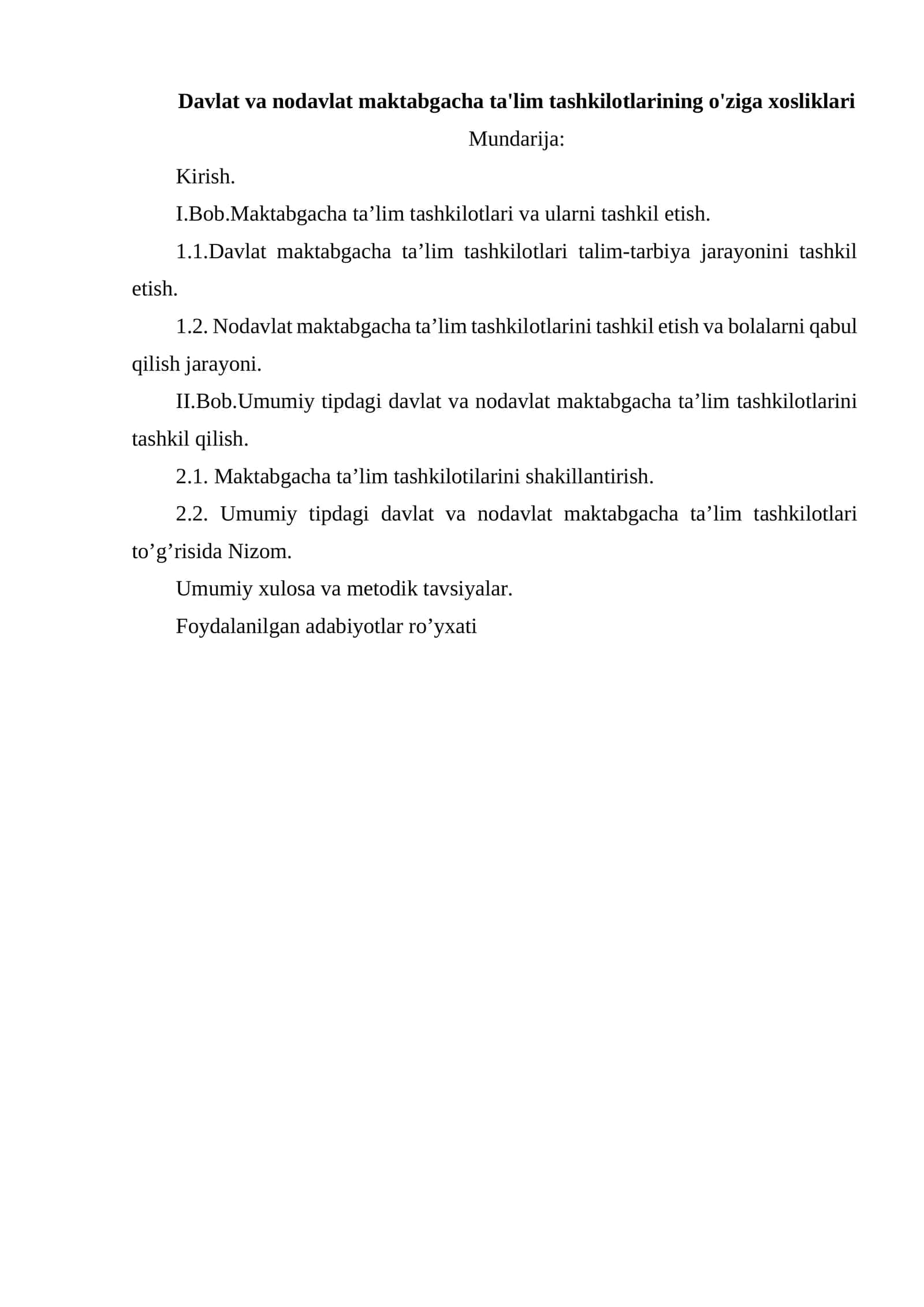 Davlat va nodavlat maktabgacha ta'lim tashkilotlarining o'ziga xosliklari 1