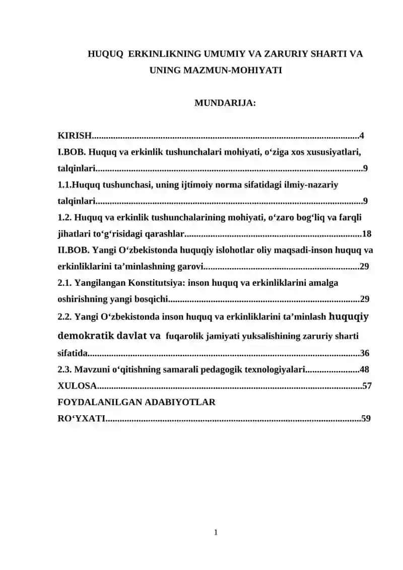 HUQUQ ERKINLIKNING UMUMIY VA ZARURIY SHARTI VA UNING MAZMUN-MOHIYATI