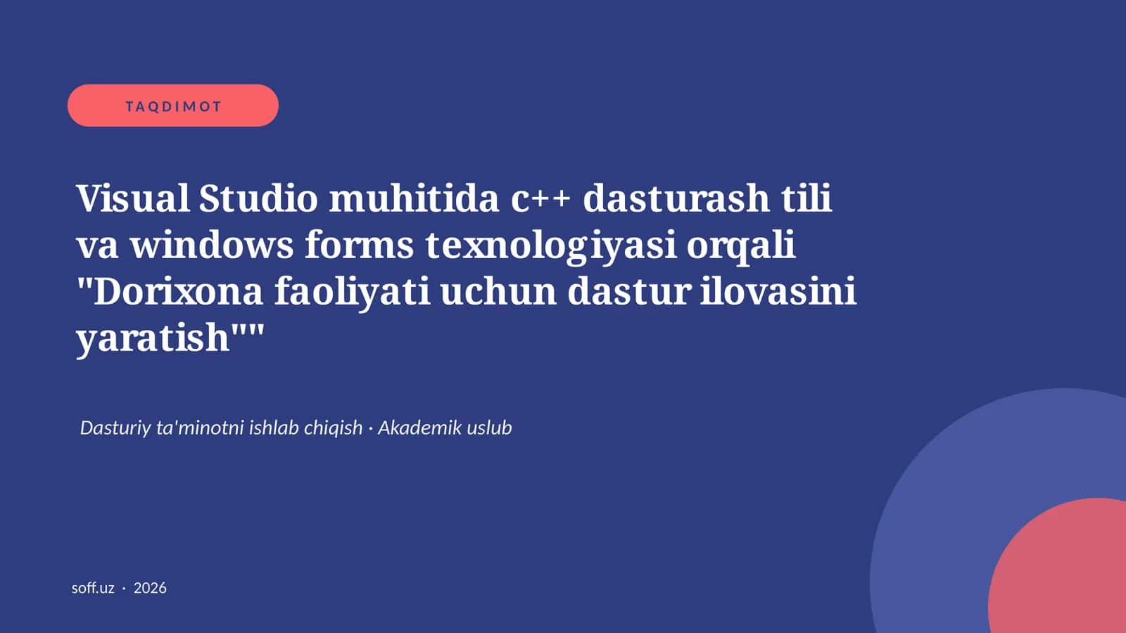 Visual Studio muhitida c++ dasturash tili va windows forms texnologiyasi orqali "Dorixona faoliyati uchun dastur ilovasini yaratish" 1