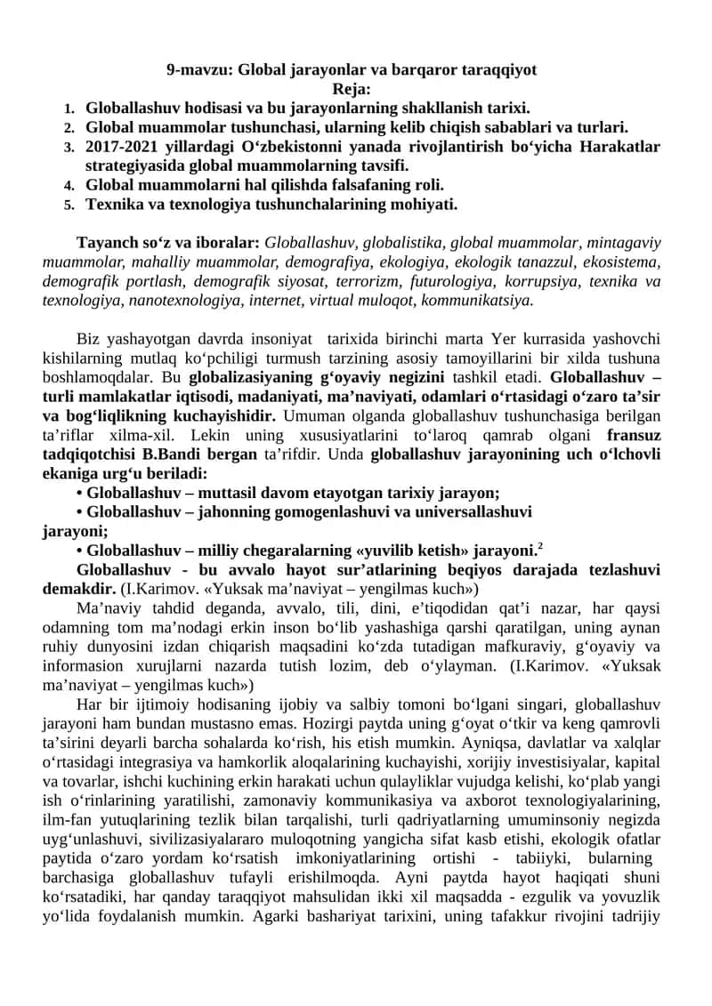 9-mavzu: Global jarayonlar va barqaror taraqqiyot 1
