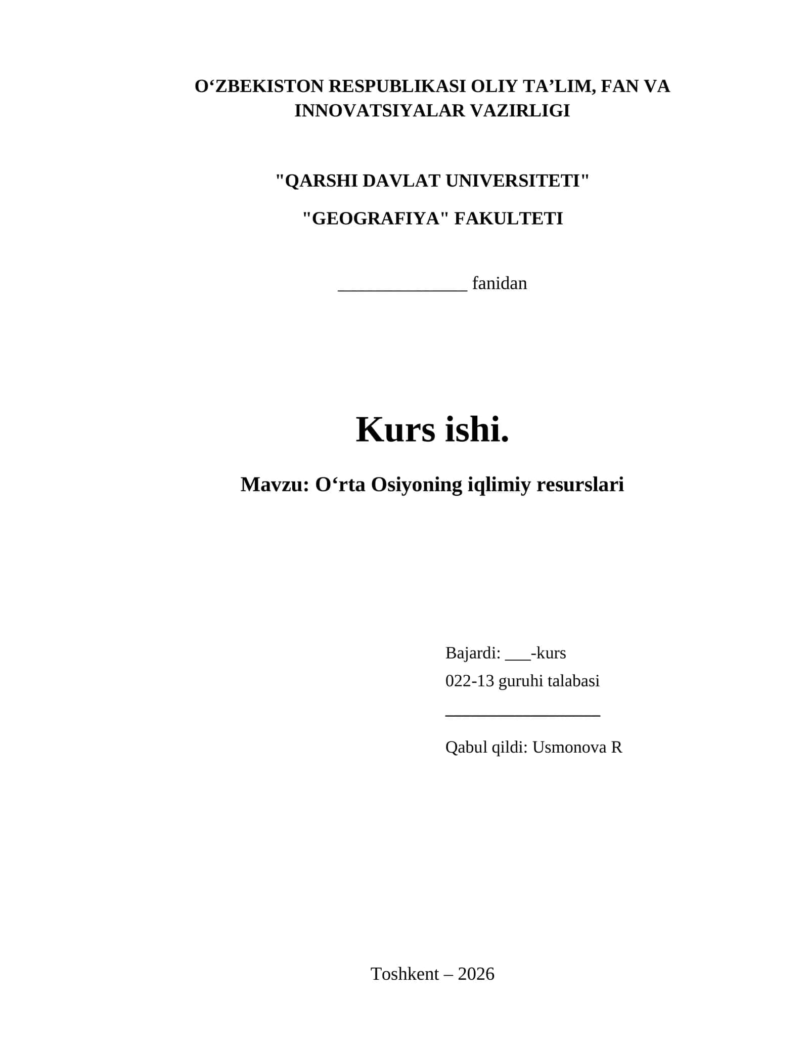 Oʻrta Osiyoning iqlimiy resurslari Kurs ishi 1