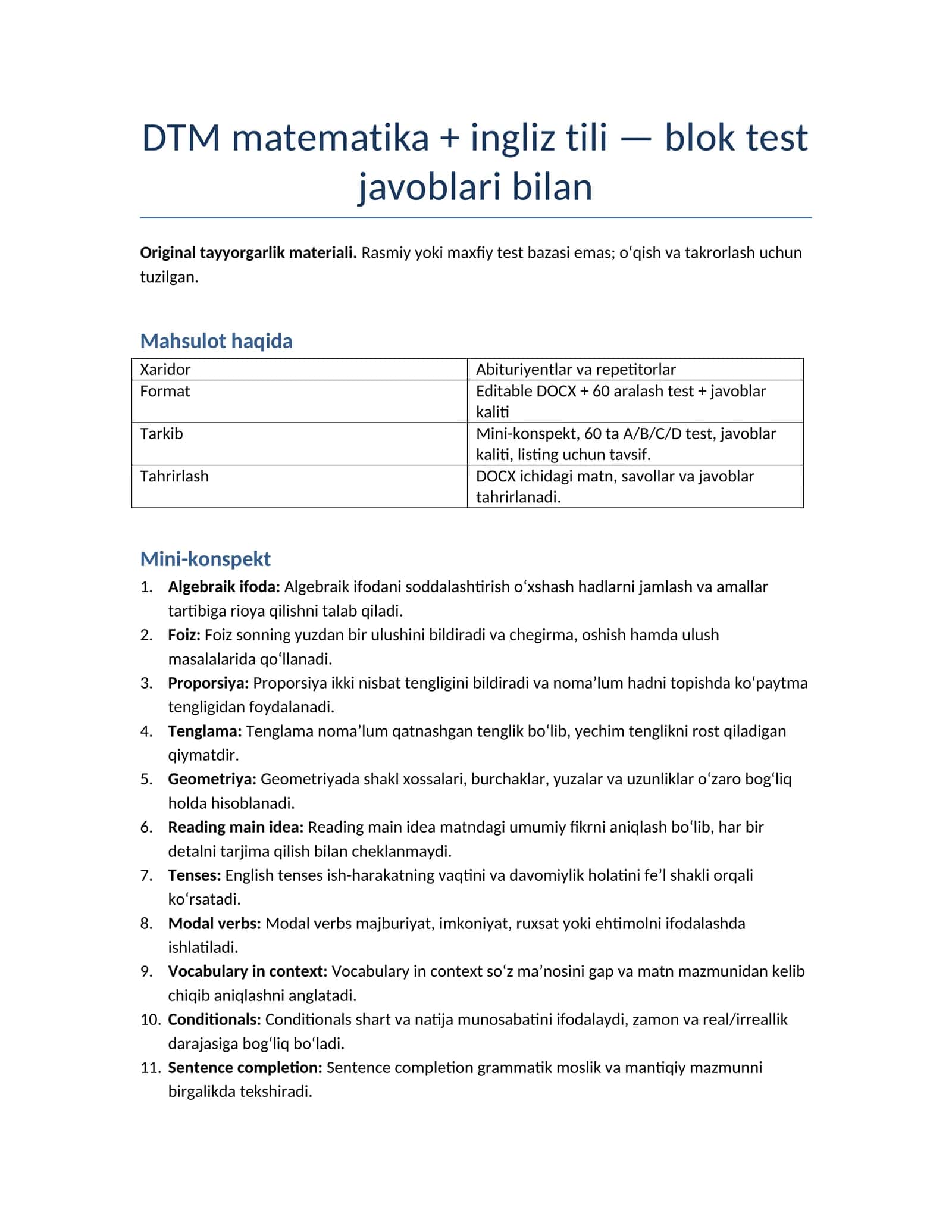 DTM matematika + ingliz tili — blok test javoblari bilan 1