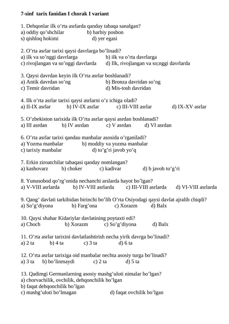 7-sinf tarix fanidan I chorak I variant 1