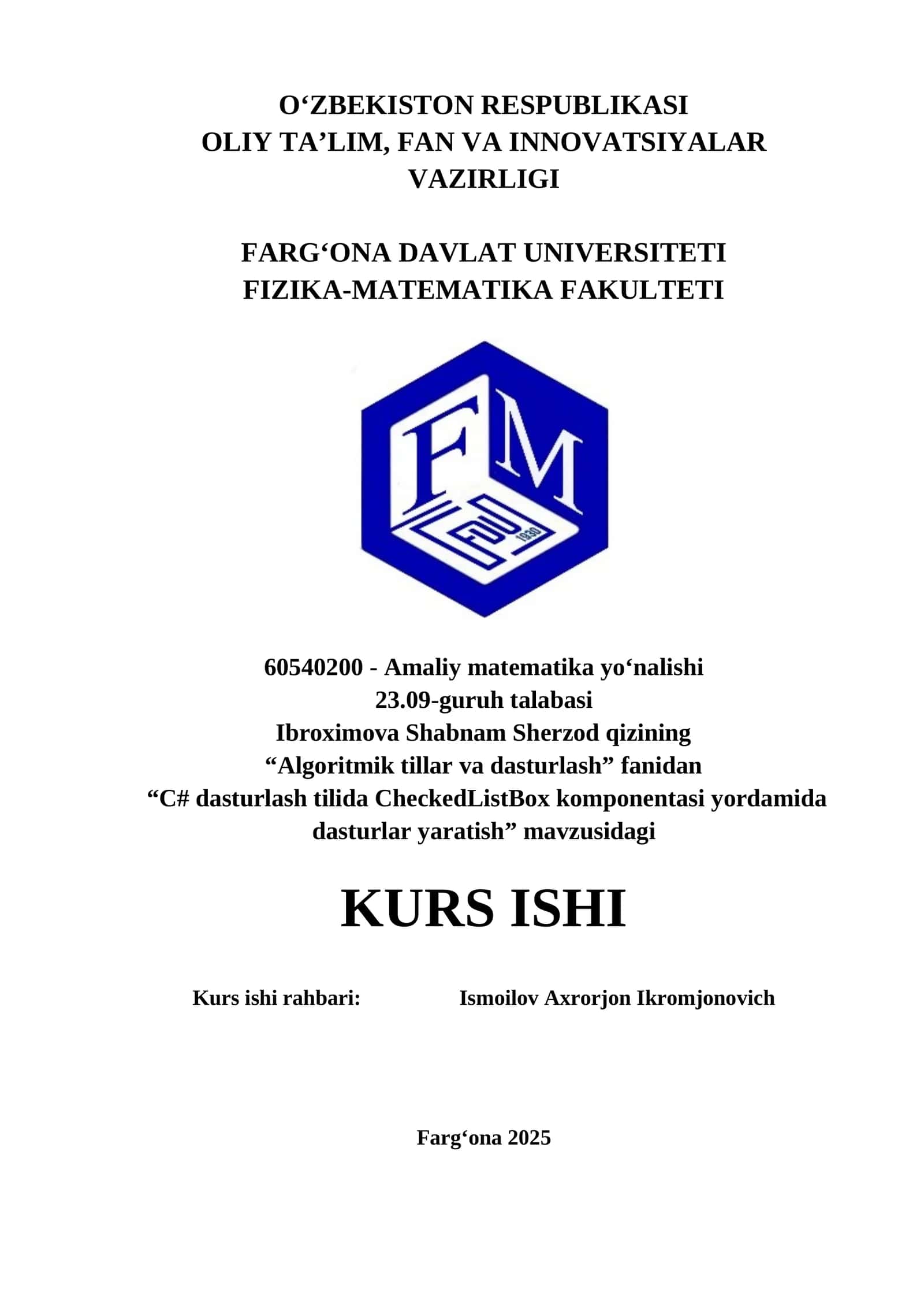 C# dasturlash tilida CheckedListBox komponentasi yordamida dasturlar yaratish 1