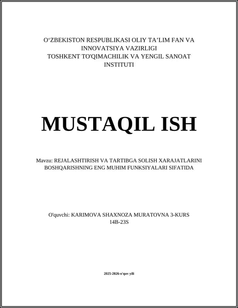 REJALASHTIRISH VA TARTIBGA SOLISH XARAJATLARINI BOSHQARISHNING ENG MUHIM FUNKSIYALARI SIFATIDA 1
